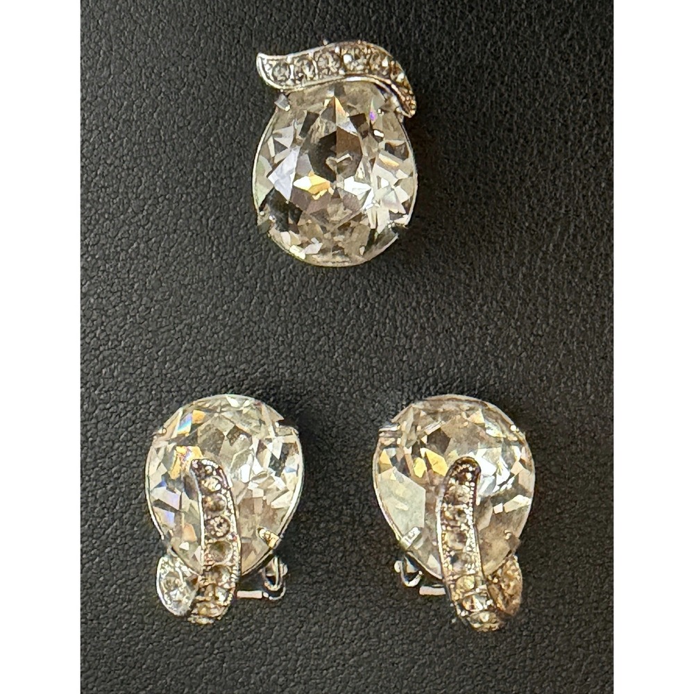 Vintage EISENBERG Pendant Earrings Set Rhinestone Clip Ons Silver Tone